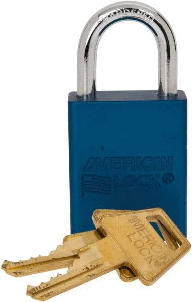 American Lock - Keyed Alike Conductive Lockout Padlock - 1" Shackle Clearance, 1/4" Shackle Diam, 1.8" Body Height x 1-1/2" Body Width, Blue, 5 Pins - Exact Tool & Supply