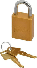 American Lock - Keyed Alike Conductive Lockout Padlock - 1" Shackle Clearance, 1/4" Shackle Diam, 1.8" Body Height x 1-1/2" Body Width, Yellow, 5 Pins - Exact Tool & Supply