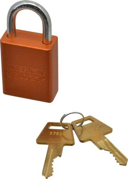 American Lock - Keyed Different Conductive Lockout Padlock - 1" Shackle Clearance, 1/4" Shackle Diam, 1.8" Body Height x 1-1/2" Body Width, Orange, 5 Pins - Exact Tool & Supply