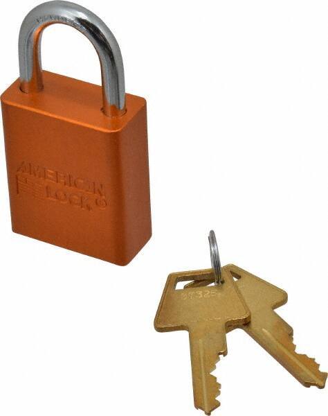 American Lock - Keyed Alike Conductive Lockout Padlock - 1" Shackle Clearance, 1/4" Shackle Diam, 1.8" Body Height x 1-1/2" Body Width, Orange, 5 Pins - Exact Tool & Supply