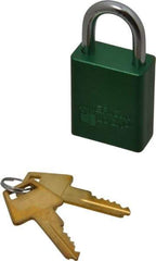 American Lock - Keyed Alike Conductive Lockout Padlock - 1" Shackle Clearance, 1/4" Shackle Diam, 1.8" Body Height x 1-1/2" Body Width, Green, 5 Pins - Exact Tool & Supply