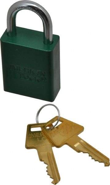 American Lock - Keyed Alike Conductive Lockout Padlock - 1" Shackle Clearance, 1/4" Shackle Diam, 1.8" Body Height x 1-1/2" Body Width, Green, 5 Pins - Exact Tool & Supply