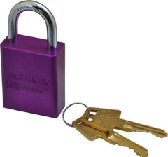 American Lock - Keyed Different Conductive Lockout Padlock - 1" Shackle Clearance, 1/4" Shackle Diam, 1.8" Body Height x 1-1/2" Body Width, Purple, 5 Pins - Exact Tool & Supply
