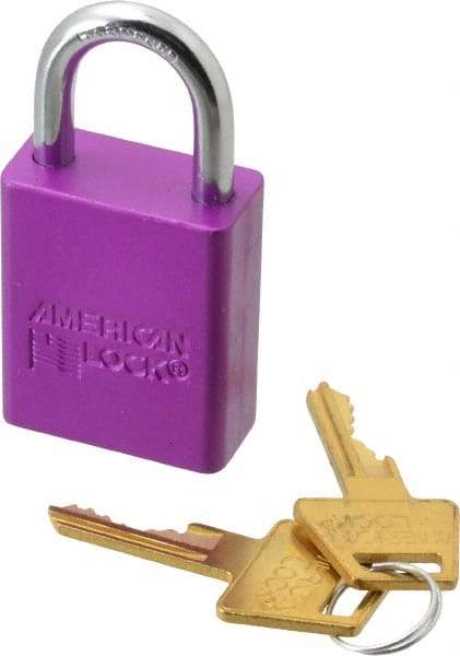 American Lock - Keyed Alike Conductive Lockout Padlock - 1" Shackle Clearance, 1/4" Shackle Diam, 1.8" Body Height x 1-1/2" Body Width, Purple, 5 Pins - Exact Tool & Supply
