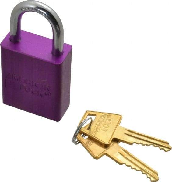 American Lock - Keyed Alike Conductive Lockout Padlock - 1" Shackle Clearance, 1/4" Shackle Diam, 1.8" Body Height x 1-1/2" Body Width, Purple, 5 Pins - Exact Tool & Supply