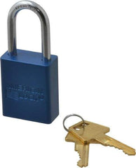 American Lock - Keyed Alike Conductive Lockout Padlock - 1-1/2" Shackle Clearance, 1/4" Shackle Diam, 1.8" Body Height x 1-1/2" Body Width, Blue, 5 Pins - Exact Tool & Supply