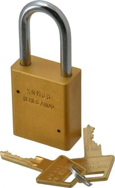 American Lock - Keyed Alike Conductive Lockout Padlock - 1-1/2" Shackle Clearance, 1/4" Shackle Diam, 1.8" Body Height x 1-1/2" Body Width, Yellow, 5 Pins - Exact Tool & Supply