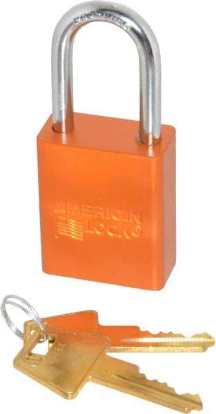 American Lock - Keyed Alike Conductive Lockout Padlock - 1-1/2" Shackle Clearance, 1/4" Shackle Diam, 1.8" Body Height x 1-1/2" Body Width, Orange, 5 Pins - Exact Tool & Supply