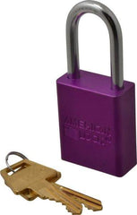 American Lock - Keyed Alike Conductive Lockout Padlock - 1-1/2" Shackle Clearance, 1/4" Shackle Diam, 1.8" Body Height x 1-1/2" Body Width, Purple, 5 Pins - Exact Tool & Supply