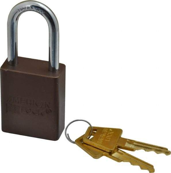 American Lock - Keyed Different Conductive Lockout Padlock - 1-1/2" Shackle Clearance, 1/4" Shackle Diam, 1.8" Body Height x 1-1/2" Body Width, Brown, 5 Pins - Exact Tool & Supply