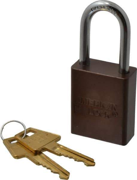American Lock - Keyed Alike Conductive Lockout Padlock - 1-1/2" Shackle Clearance, 1/4" Shackle Diam, 1.8" Body Height x 1-1/2" Body Width, Brown, 5 Pins - Exact Tool & Supply