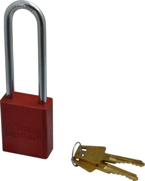 American Lock - Keyed Alike Conductive Lockout Padlock - 3" Shackle Clearance, 1/4" Shackle Diam, 1.8" Body Height x 1-1/2" Body Width, Red, 5 Pins - Exact Tool & Supply