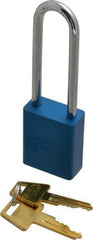 American Lock - Keyed Alike Conductive Lockout Padlock - 3" Shackle Clearance, 1/4" Shackle Diam, 1.8" Body Height x 1-1/2" Body Width, Blue, 5 Pins - Exact Tool & Supply