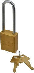 American Lock - Keyed Alike Conductive Lockout Padlock - 3" Shackle Clearance, 1/4" Shackle Diam, 1.8" Body Height x 1-1/2" Body Width, Yellow, 5 Pins - Exact Tool & Supply