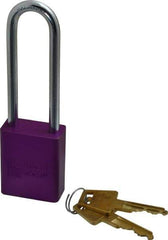 American Lock - Keyed Alike Conductive Lockout Padlock - 3" Shackle Clearance, 1/4" Shackle Diam, 1.8" Body Height x 1-1/2" Body Width, Purple, 5 Pins - Exact Tool & Supply