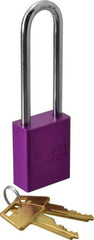 American Lock - Keyed Alike Conductive Lockout Padlock - 3" Shackle Clearance, 1/4" Shackle Diam, 1.8" Body Height x 1-1/2" Body Width, Purple, 5 Pins - Exact Tool & Supply