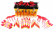 66 Piece - Insulated Tool Set with Pliers; Cutters; Nut Drivers; Screwdrivers; T Handles; Knife; Sockets & 3/8" Drive Ratchet w/Extension; Adjustable Wrench - Exact Tool & Supply