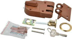 Yale - 1-1/8 to 2-1/4" Door Thickness, Brass Lacquer Finish, Jimmy Proof Rim Deadbolt - Rim Cylinder - Exact Tool & Supply