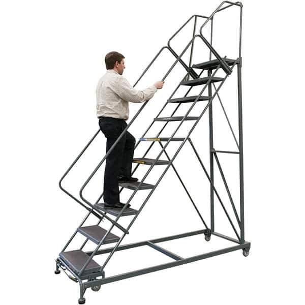 Ballymore - 123" 9 Step Stairway Slope Ladder - 50° Incline, 600 Lb Capacity, 90" Platform Height, 32" Base Width x 82" Base Depth, Expanded Metal Tread - Exact Tool & Supply
