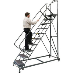 Ballymore - 123" 9 Step Stairway Slope Ladder - 50° Incline, 600 Lb Capacity, 90" Platform Height, 32" Base Width x 82" Base Depth, Expanded Metal Tread - Exact Tool & Supply