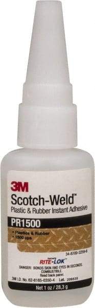 3M - 1 oz Bottle Clear Instant Adhesive - Series PR1500, 20 to 100 sec Working Time, 24 hr Full Cure Time, Bonds to Cardboard, Ceramic, Fabric, Fiberglass, Foam, Glass, Leather, Metal, Paper, Plastic, Rubber, Vinyl & Wood - Exact Tool & Supply