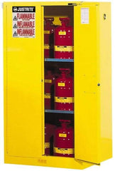 Justrite - 2 Door, 2 Shelf, Yellow Steel Standard Safety Cabinet for Flammable and Combustible Liquids - 65" High x 34" Wide x 34" Deep, Self Closing Door, 3 Point Key Lock, 60 Gal Capacity - Exact Tool & Supply
