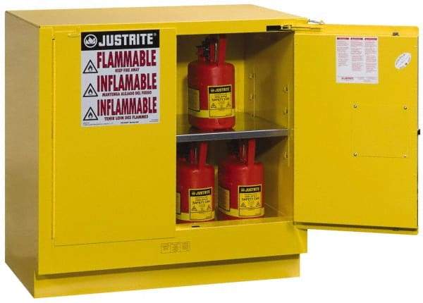 Justrite - 2 Door, 1 Shelf, Yellow Steel Under the Counter Safety Cabinet for Flammable and Combustible Liquids - 35" High x 35" Wide x 22" Deep, Self Closing Door, 22 Gal Capacity - Exact Tool & Supply