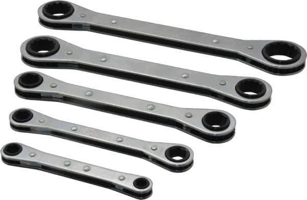 Lang - 5 Piece, 1/4 to 7/8", 12 Point, Ratcheting Box Wrench Set - Inch System of Measurement, Chrome Finish, Comes in Vinyl Roll - Exact Tool & Supply