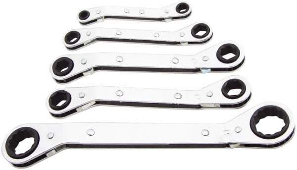Lang - 5 Piece, 1/4 x 5/16 to 3/4 x 7/8", Ratcheting Box Wrench Set - Inch System of Measurement, Chrome Finish, Comes in Vinyl Roll - Exact Tool & Supply