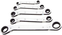 Lang - 5 Piece, 1/4 x 5/16 to 3/4 x 7/8", Ratcheting Box Wrench Set - Inch System of Measurement, Chrome Finish, Comes in Vinyl Roll - Exact Tool & Supply