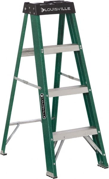 Louisville - 3 Steps, 4' High, Type II Rating, Fiberglass Step Ladder - Exact Tool & Supply