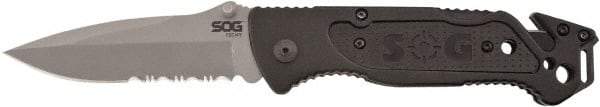 SOG Specialty Knives - 3-13/32" Blade, 8.2" OAL, Partially Serrated Clip Point Folding Knife - 4.8" Closed Length, Plastic, 1 Blade, 1 Edge - Exact Tool & Supply