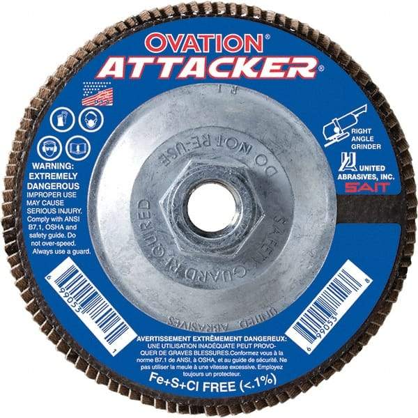 Sait - 40 Grit, 5" Disc Diam, 5/8-11 Center Hole, Type 27 Zirconia Alumina Flap Disc - 12,200 Max RPM, Fiberglass Backing, Arbor Attaching System, Coated - Exact Tool & Supply