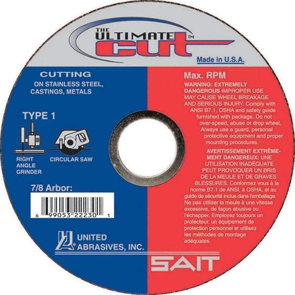 Sait - 5" Aluminum Oxide Cutoff Wheel - 0.045" Thick, 7/8" Arbor, 12,200 Max RPM, Use with Angle Grinders - Exact Tool & Supply