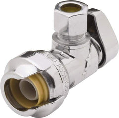 SharkBite - 1/2 & 1/4" Pipe, 200 psi WOG Rating, Brass Angle Stop Valve - Chrome Finished Handle, Push Fit End Connections, For Potable Water Applications - Exact Tool & Supply