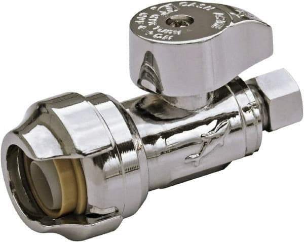 SharkBite - 1/2 & 1/4" Pipe, 200 psi WOG Rating, Brass Stop Valve - Chrome Finished Handle, Push Fit End Connections, For Potable Water Applications - Exact Tool & Supply
