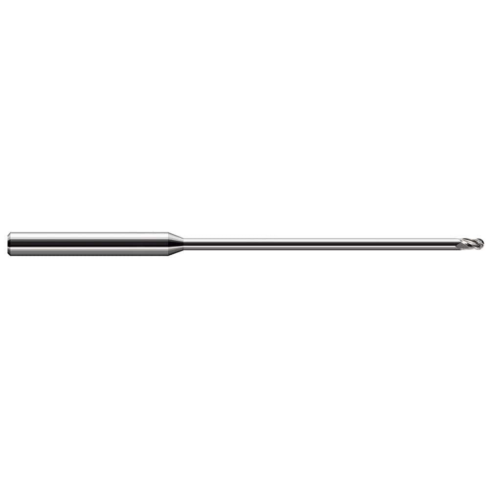 Ball End Mill: 0.04″ Dia, 0.06″ LOC, 3 Flute, Solid Carbide 2-1/2″ OAL, 1/8″ Shank Dia, 30 ° Helix, Uncoated, Single End