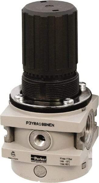Parker - 1 NPT Port, 550 CFM, Aluminum Hi-Flow Regulator - 0 to 174 psi Range, 254 Max psi Supply Pressure, 1/4" Gauge Port Thread, 3-1/2" Wide x 7.2" High - Exact Tool & Supply