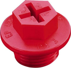 Caplugs - Hex Head with Slot, Threaded Plug - 1.33" OD, 1-1/64" Long, High-Density Polyethylene, Red - Exact Tool & Supply