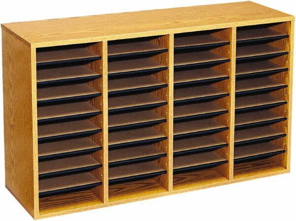 Safco - 39-1/4" Wide x 24" High x 11-3/4" Deep Laminated Compressed Wood Document Organizer - 36 Compartments, Medium Oak, 9" Wide x 2-1/4" High x 11-1/2" Deep Compartment - Exact Tool & Supply