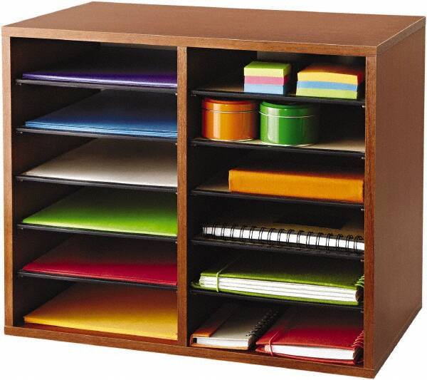 Safco - 19-1/2" Wide x 16" High x 12" Deep Fiberboard, Hardboard & Laminated Compressed Wood Document Organizer - 12 Compartments, Cherry, 9" Wide x 2-3/8" High x 11-1/2" Deep Compartment - Exact Tool & Supply
