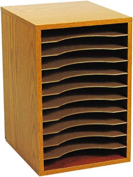 Safco - 10-3/4" Wide x 16" High x 12" Deep Fiberboard, Hardboard & Laminated Compressed Wood Document Organizer - 11 Compartments, Medium Oak, 9-1/2" Wide x 1-1/4" High x 11-5/8" Deep Compartment - Exact Tool & Supply