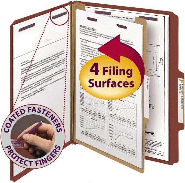 SMEAD - 8-1/2 x 11", Letter Size, Red, Classification Folders with Top Tab Fastener - 25 Point Stock, Right of Center Tab Cut Location - Exact Tool & Supply