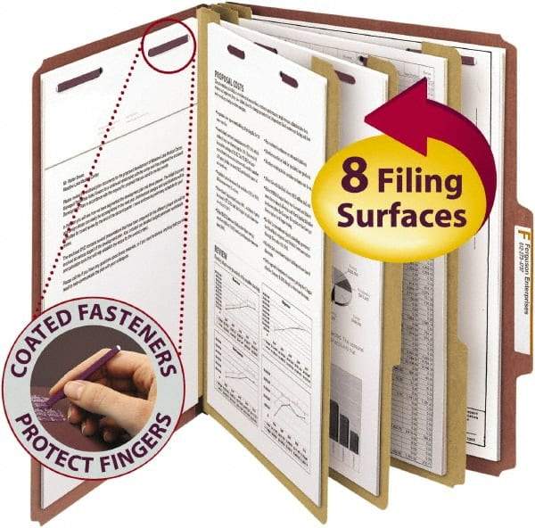 SMEAD - 8-1/2 x 11", Letter Size, Red, Classification Folders with Top Tab Fastener - 25 Point Stock, Right of Center Tab Cut Location - Exact Tool & Supply