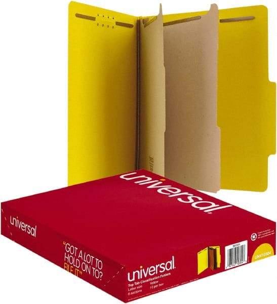 UNIVERSAL - 8-1/2 x 11", Letter Size, Yellow, Classification Folders with Top Tab Fastener - 25 Point Stock, Right of Center Tab Cut Location - Exact Tool & Supply