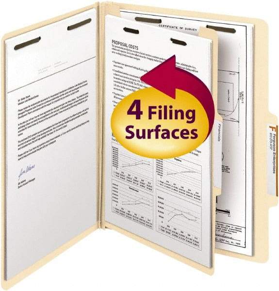 SMEAD - 8-1/2 x 11", Letter Size, Manila, Classification Folders with Top Tab Fastener - 18 Point Stock, Right of Center Tab Cut Location - Exact Tool & Supply