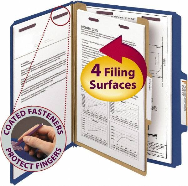 SMEAD - 8-1/2 x 11", Letter Size, Dark Blue, Classification Folders with Top Tab Fastener - 23 Point Stock, Right of Center Tab Cut Location - Exact Tool & Supply