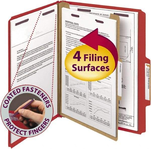 SMEAD - 8-1/2 x 11", Letter Size, Bright Red, Classification Folders with Top Tab Fastener - 23 Point Stock, Right of Center Tab Cut Location - Exact Tool & Supply