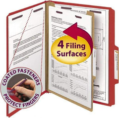 SMEAD - 8-1/2 x 11", Letter Size, Bright Red, Classification Folders with Top Tab Fastener - 23 Point Stock, Right of Center Tab Cut Location - Exact Tool & Supply