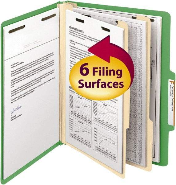 SMEAD - 8-1/2 x 11", Letter Size, Green, Classification Folders with Top Tab Fastener - 14 Point Stock, Right of Center Tab Cut Location - Exact Tool & Supply